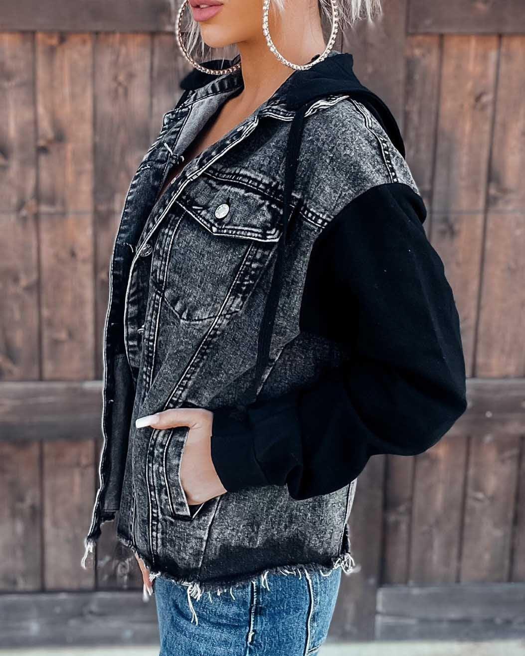 Melarey Distressed Hooded Denim Jacket