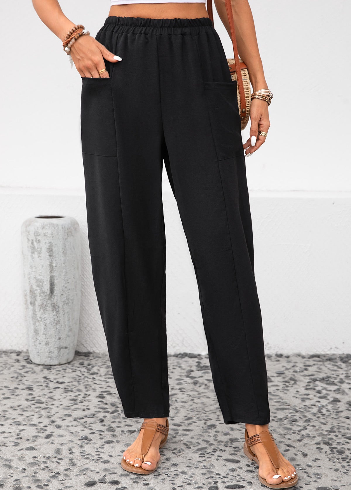 Black Pocket Elastic Waist High Waisted Pants