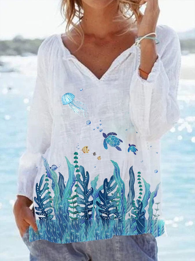 Women'S Sea Turtle Solid Color Long Sleeve V Neck Casual Shirt