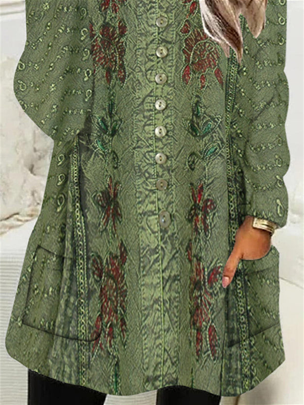 Women Long Sleeve Scoop Neck Printed Button Pockets Fleece Lined Tops