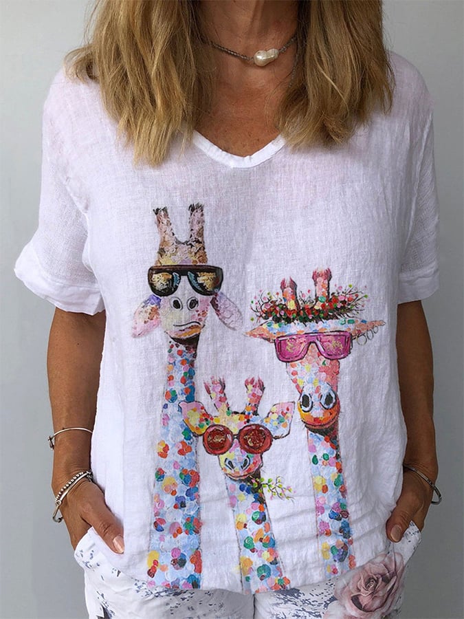 Women's Cotton Linen Giraffe Oil Painting Casual Top