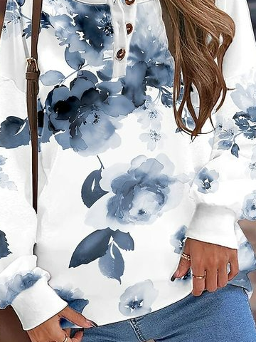 Casual Crew Neck Floral Sweatshirt Buckle