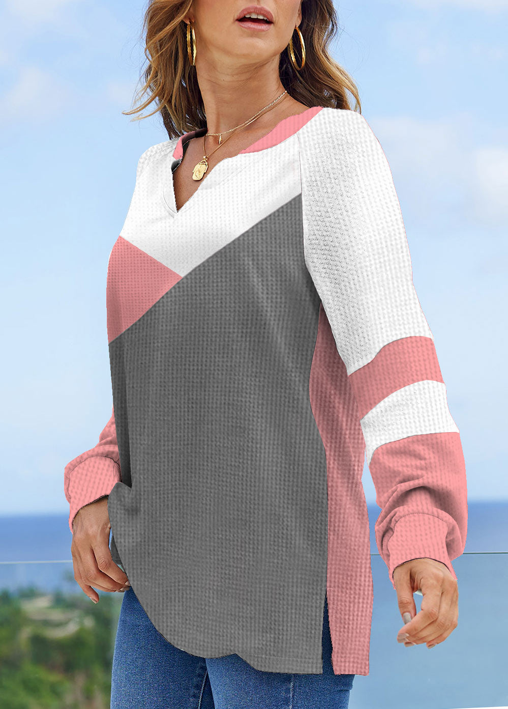 Long Sleeve Split Neck Contrast Sweatshirt