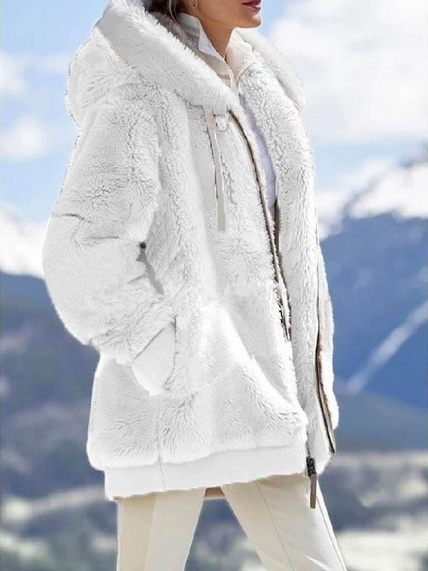 Zipper Up Drawstring Hooded Loose Plush Jacket(Clearance Sale)