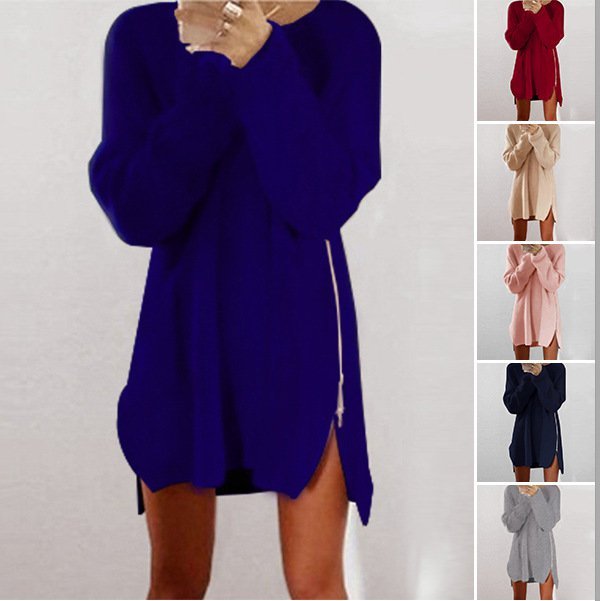 Women Fluffy Zipper Long Sleeve Casual Plus Size Sweater Dress