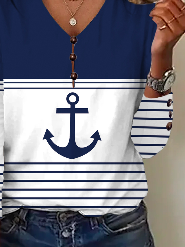 Women Striped V Neck Casual Long Sleeve T-shirt