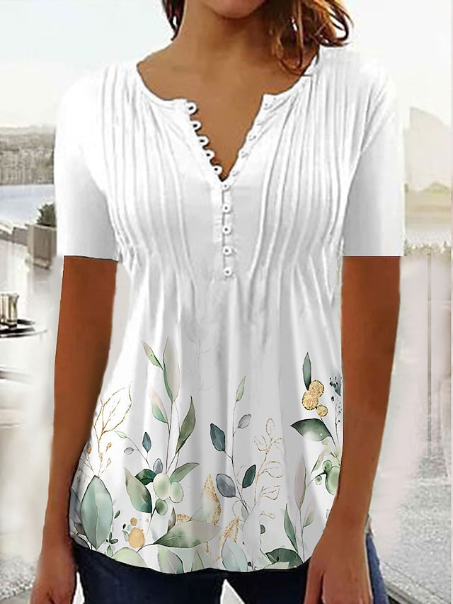Women's Shirt Blouse Black White Green Floral Button Print Short Sleeve Casual Holiday Basic Round Neck Regular Floral S