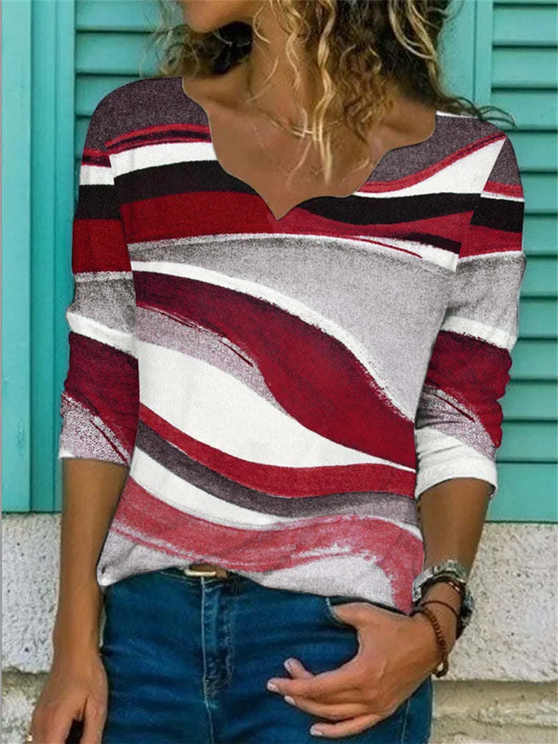 Women Long Sleeve V-neck Graphic Colorblock Women Tops