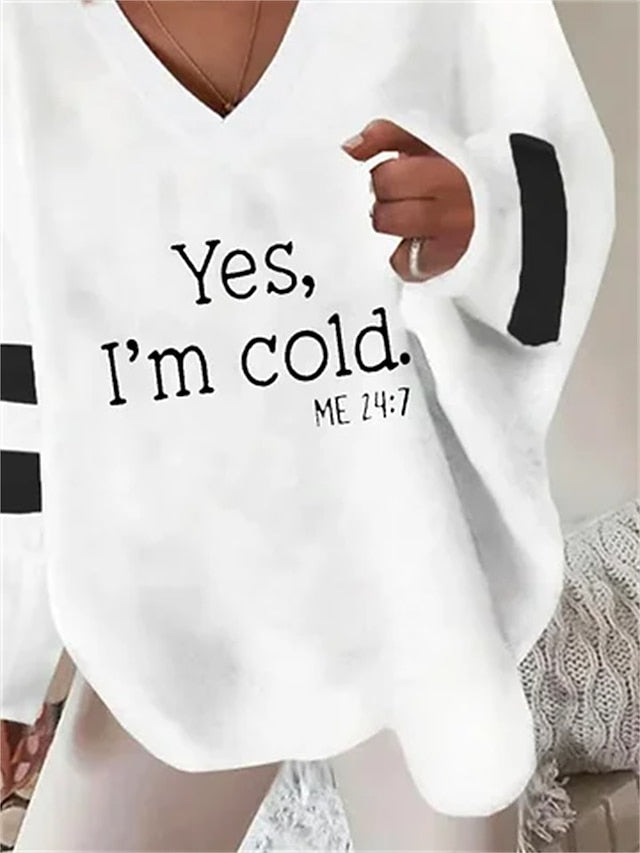 Women's T shirt Tee White Letter Print Long Sleeve Casual Basic V Neck Regular S