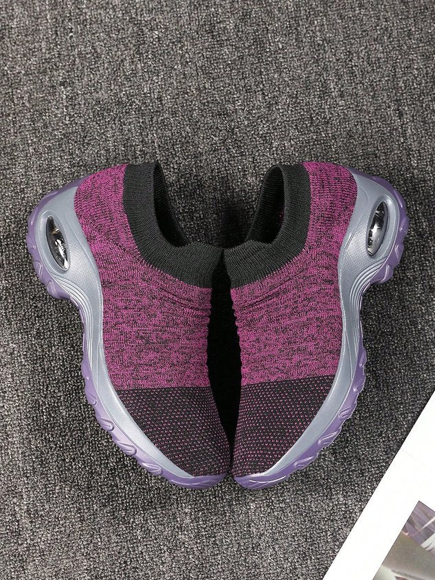 Sports Color Block Breathable Slip On Block Heel Fly Woven Shoes