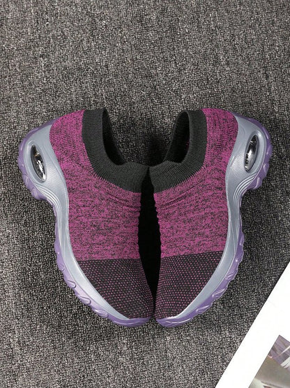 Sports Color Block Breathable Slip On Block Heel Fly Woven Shoes