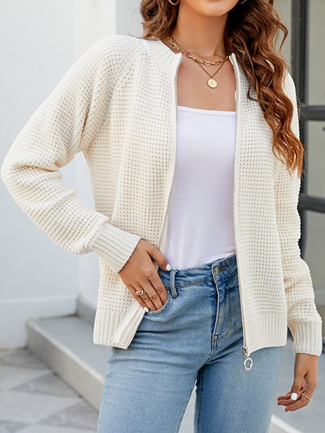 Women Plain Long Sleeve Comfy Casual Zipper Cardigan