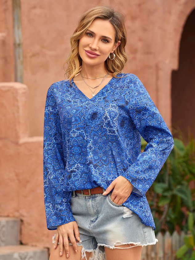 V Neck Floral Vacation Casual T-Shirt/Tee