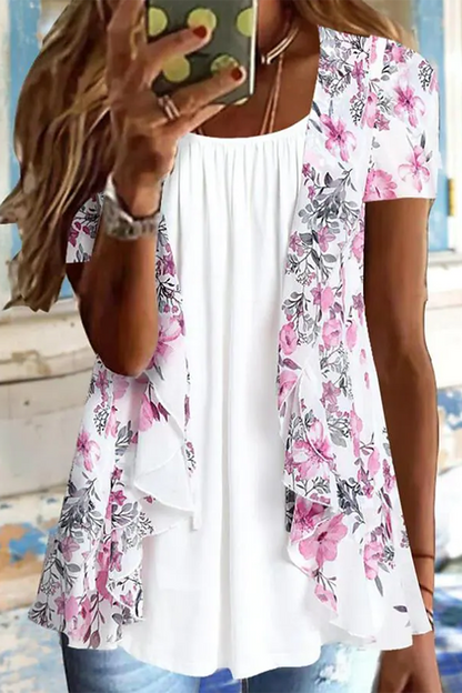 Floral Pattern Ruched Ruffle Trim 2-In-1 Blouse