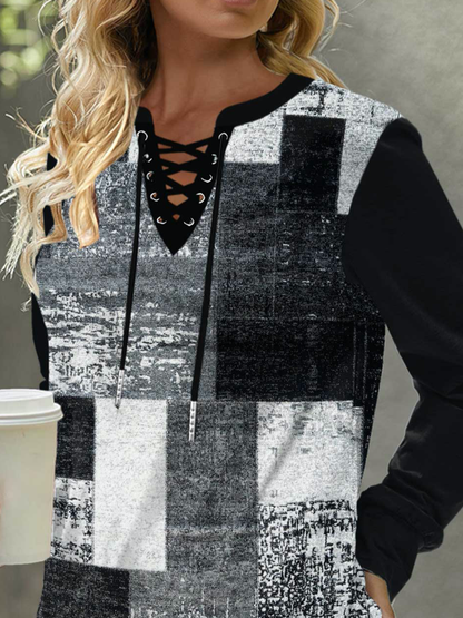 Casual Notched Color Block Sweatshirt