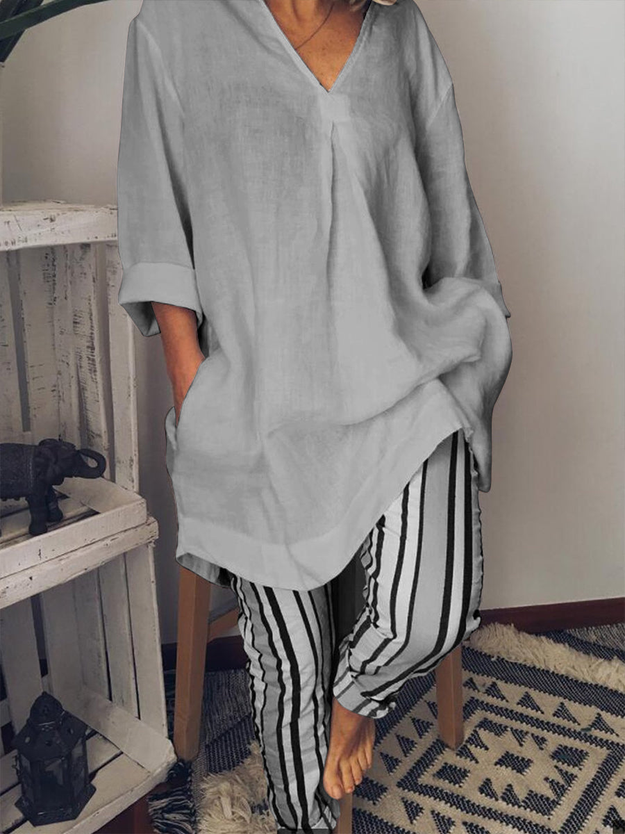 Women's V-neck Long Version Tee And Heavy Stripe Pants Suits