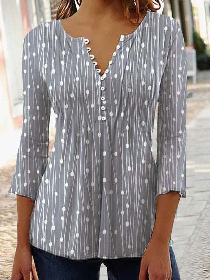 Women Geometric Casual Autumn V neck Daily Three Quarter Regular Regular Regular Size Tops
