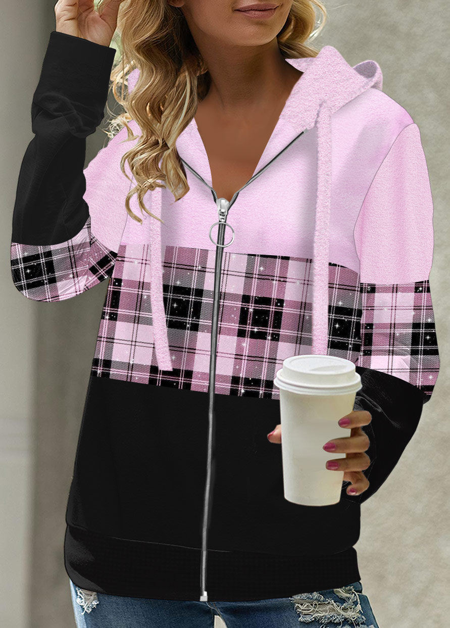 Red Patchwork Plaid Long Sleeve Hoodie
