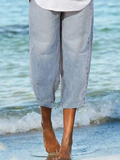 UR Casual Plain Light Washed Loose Capri Denim Pants