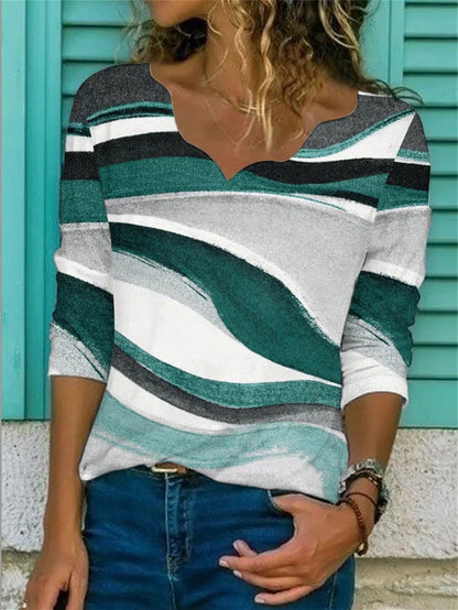 Women Long Sleeve V-neck Graphic Colorblock Women Tops