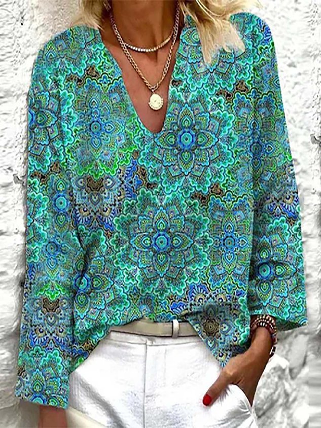 V Neck Floral Vacation Casual T-Shirt/Tee