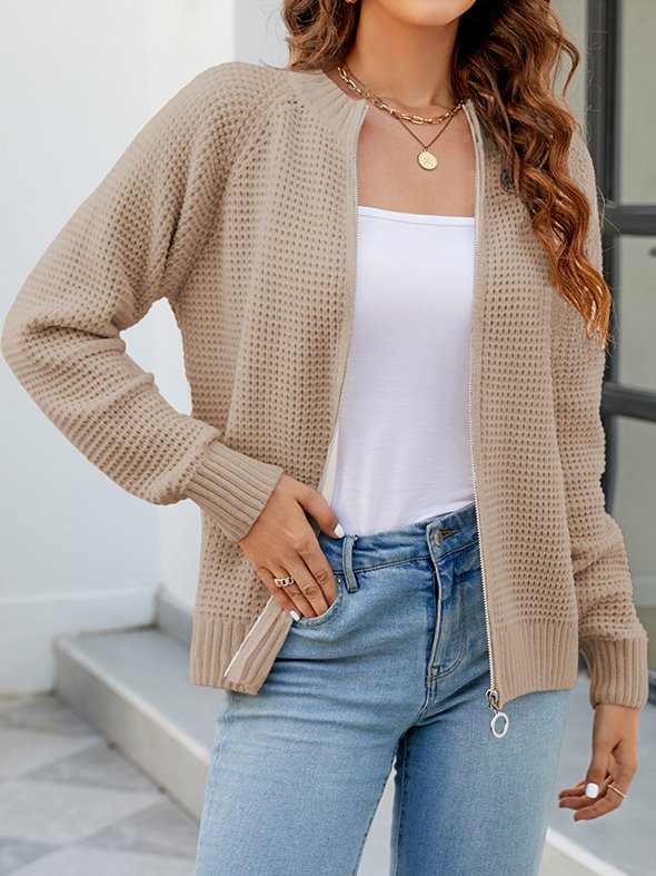 Women Plain Long Sleeve Comfy Casual Zipper Cardigan