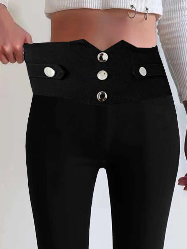 Casual Plain Buckle Natural Long Legging