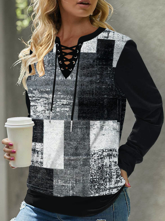 Casual Notched Color Block Sweatshirt