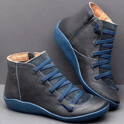 New Leather Ankle Boots Autumn Vintage Lace Up Women Shoes Comfortable Flat Heel Boots Female Zipper Short Boots Dropshipping