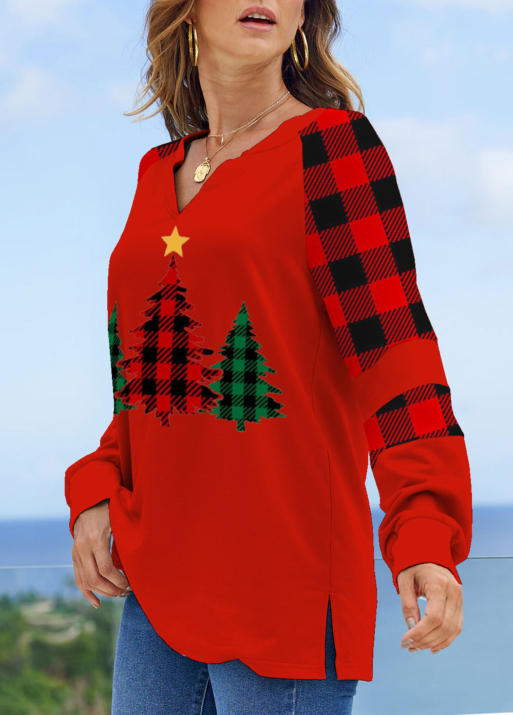 Long Sleeve Split Neck Contrast Sweatshirt