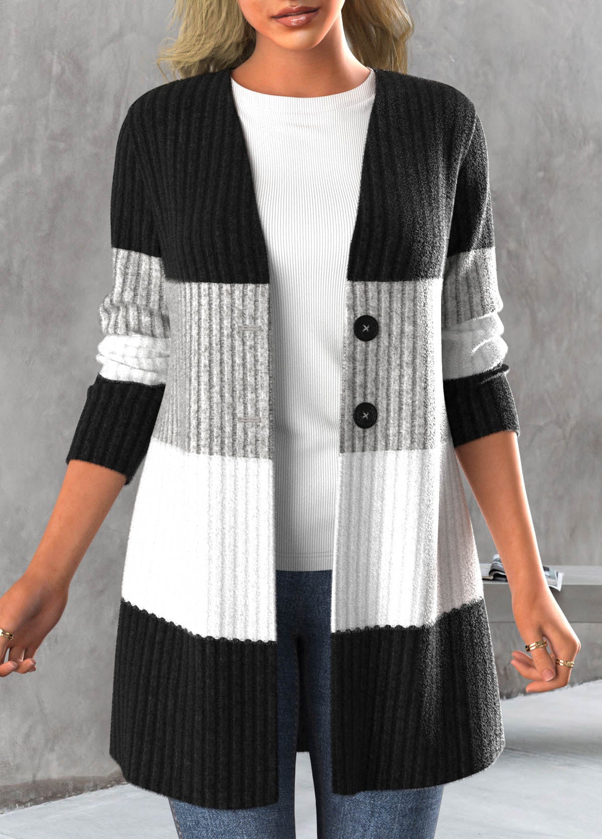 Black Button Contrast Color Long Sleeve Cardigan