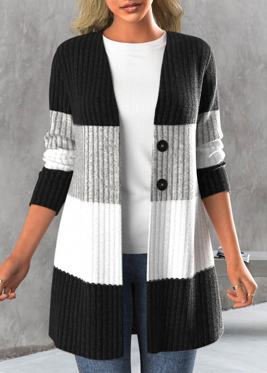 Black Button Contrast Color Long Sleeve Cardigan