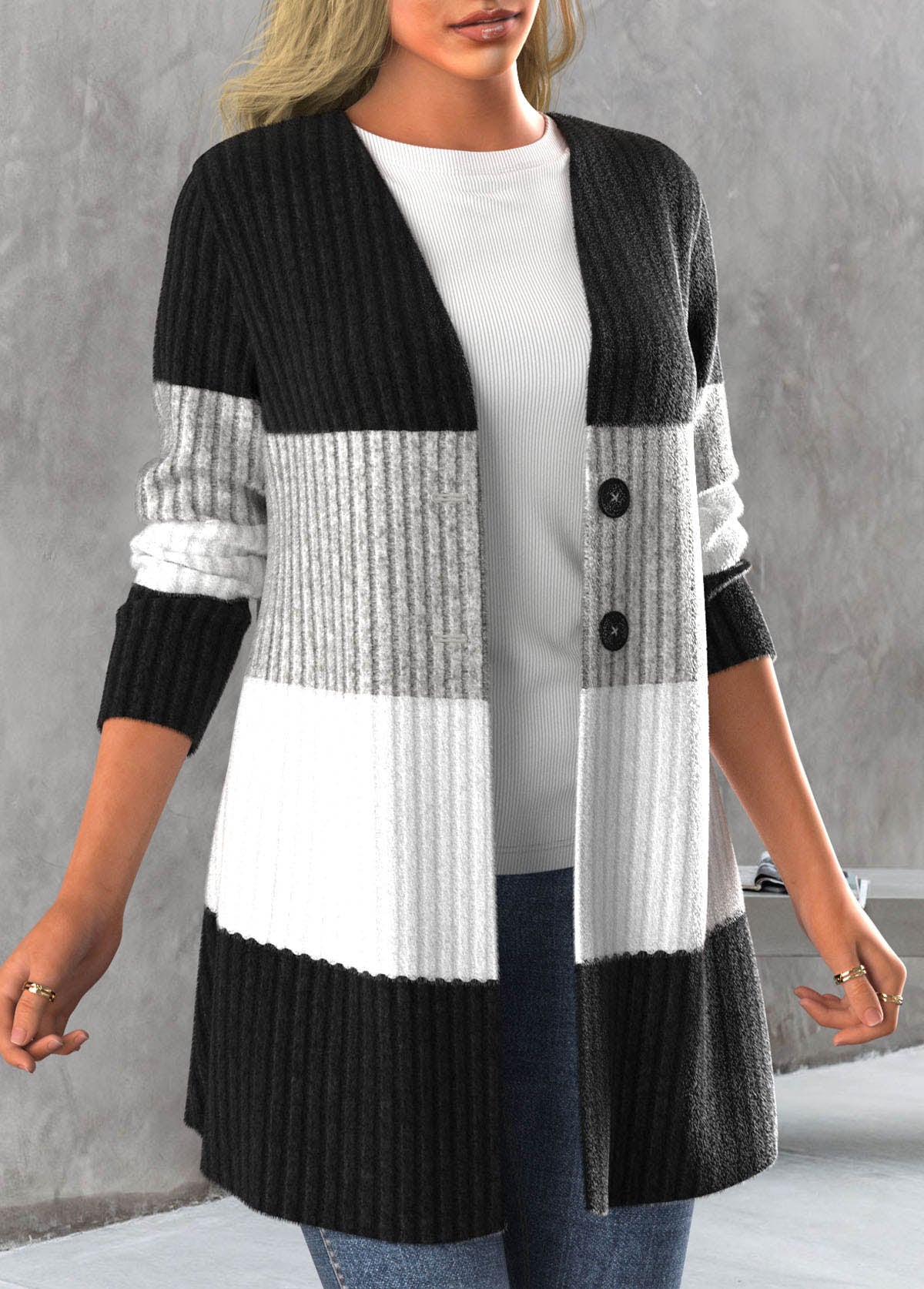 Black Button Contrast Color Long Sleeve Cardigan