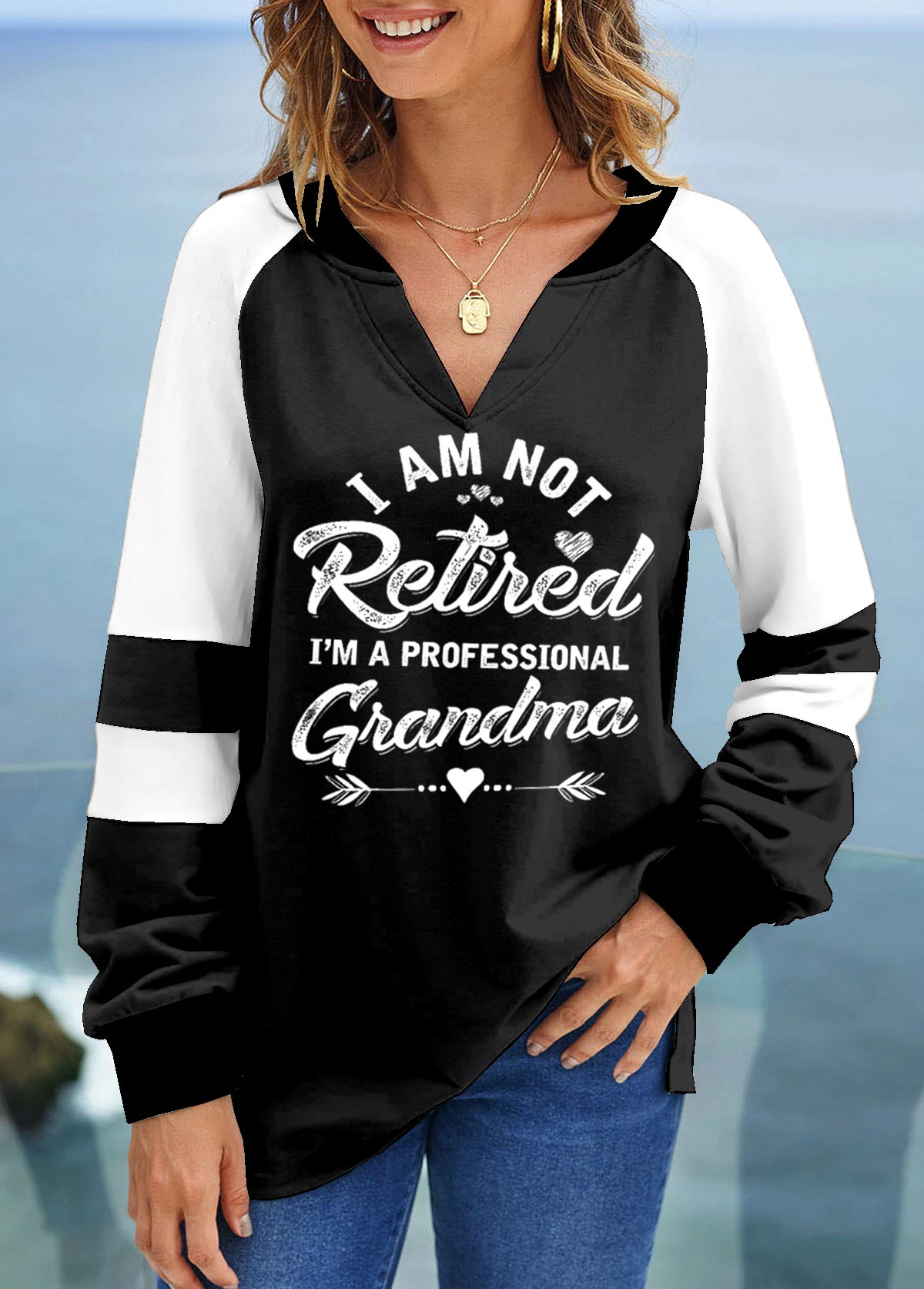 Long Sleeve Split Neck Contrast Sweatshirt