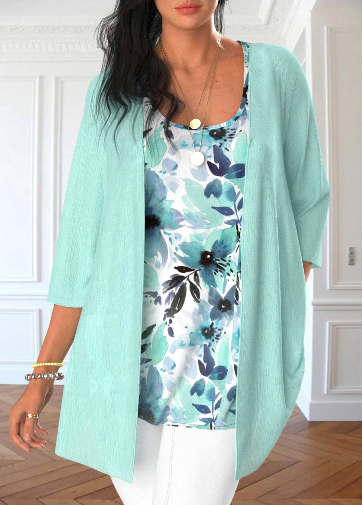 Dusty Blue Tank Top and Tie Dye Print Cardigan