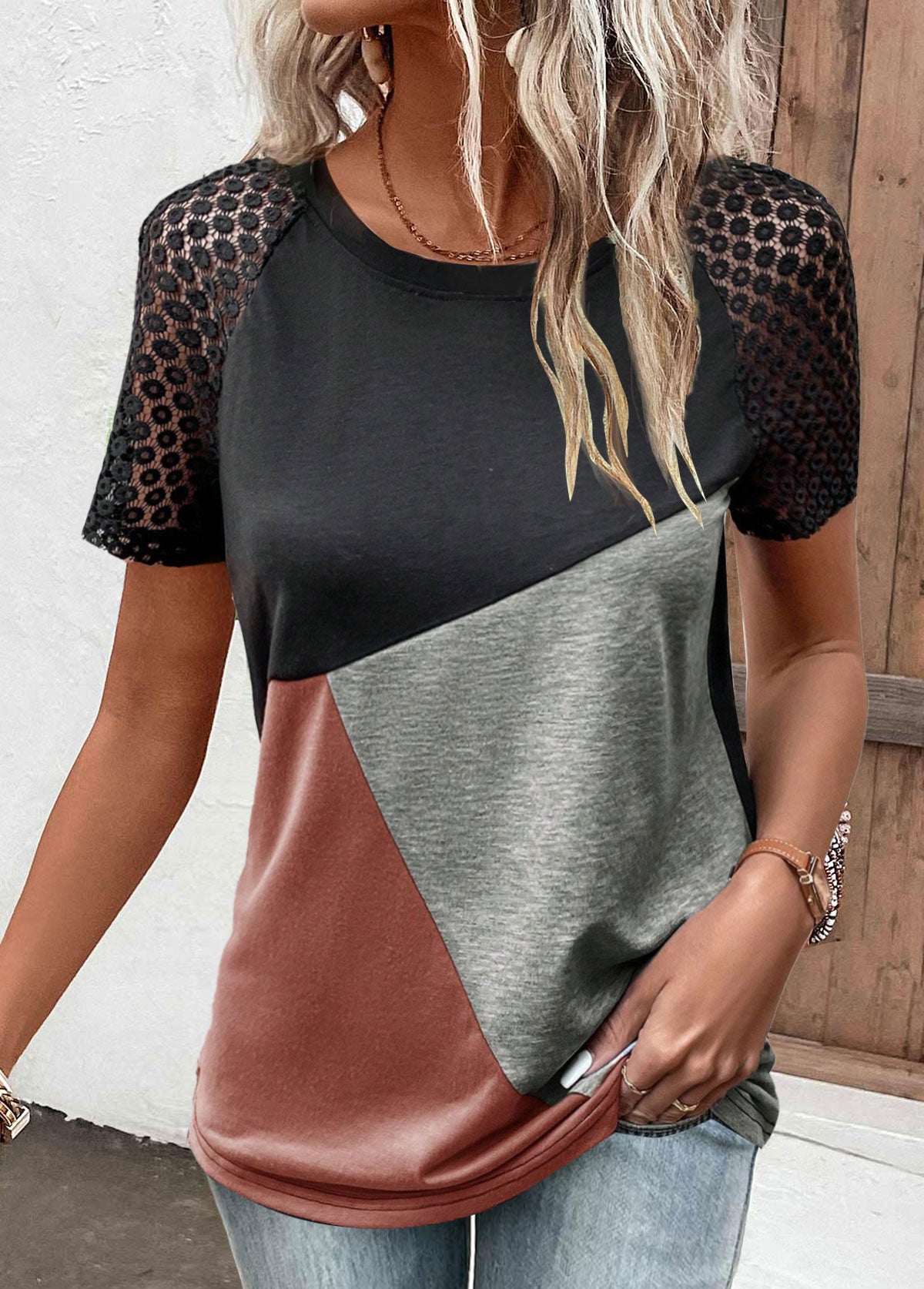 Black Lace Short Sleeve Round Neck T Shirt