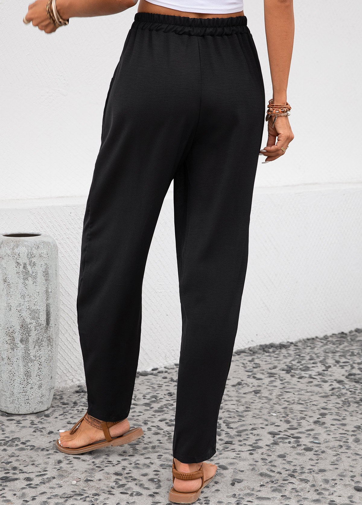 Black Pocket Elastic Waist High Waisted Pants