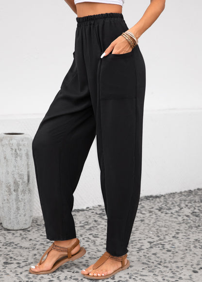 Black Pocket Elastic Waist High Waisted Pants