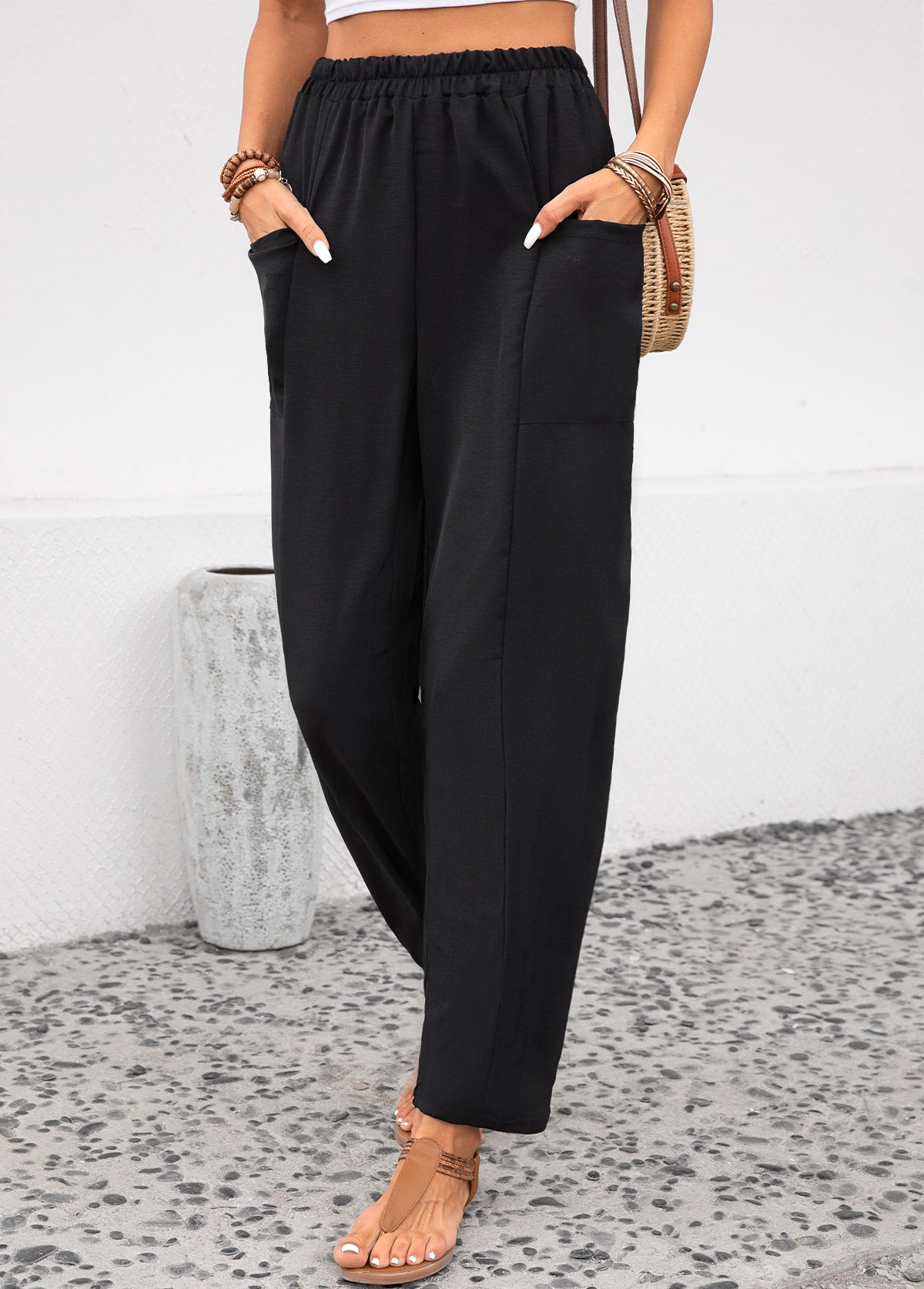 Black Pocket Elastic Waist High Waisted Pants