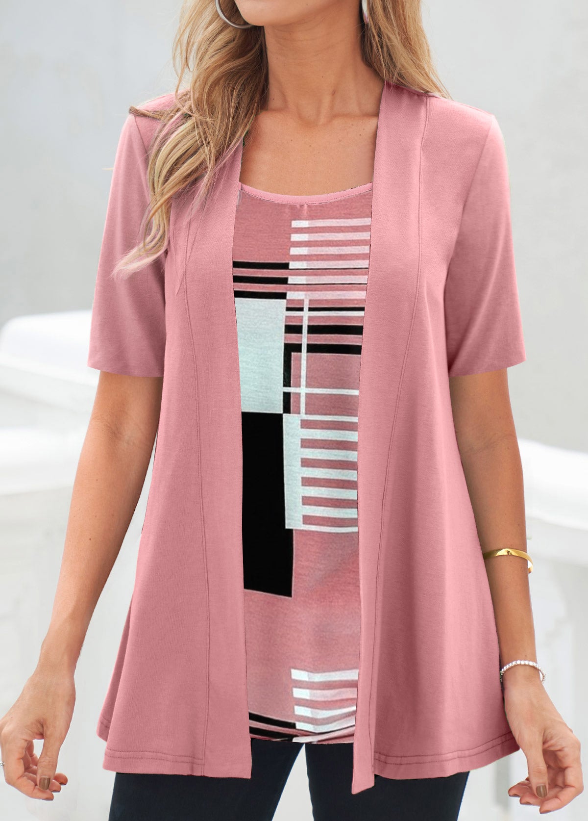 Pink Fake 2in1 Geometric Print T Shirt