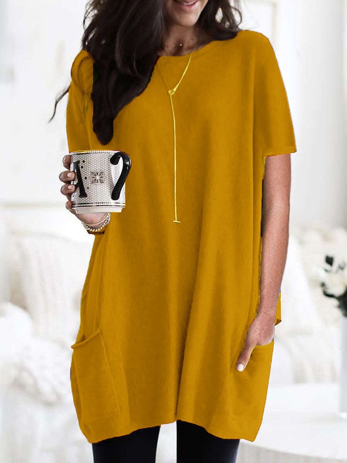 Solid Color Short Sleeve Casual Pocket T-Shirt