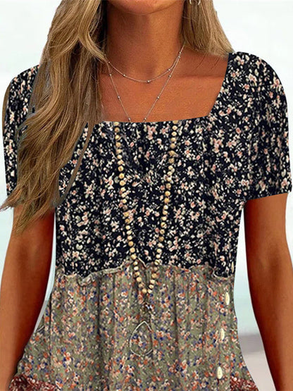 Women Short Sleeve U-neck Floral Printed Stitching Tops