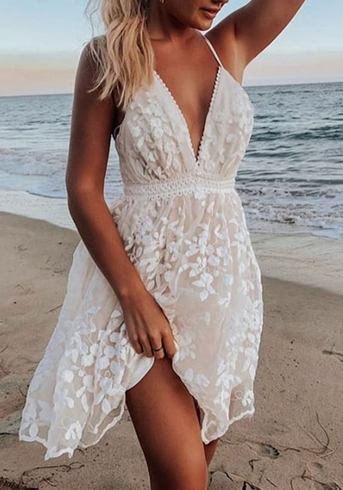 No Tears Here Lace Embroidered V-Neck White Dress