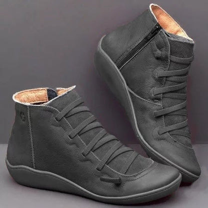 New Leather Ankle Boots Autumn Vintage Lace Up Women Shoes Comfortable Flat Heel Boots Female Zipper Short Boots Dropshipping