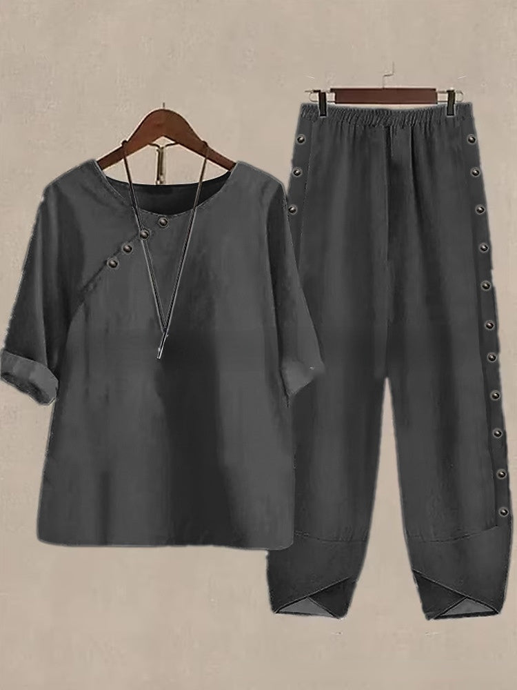 5/4 Sleeved Cotton Linen Top And Pants Two-piece Set