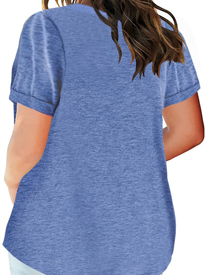 Plus Size Button Front Short Sleeve T-shirt, Women's Plus Slight Stretch Casual Tee