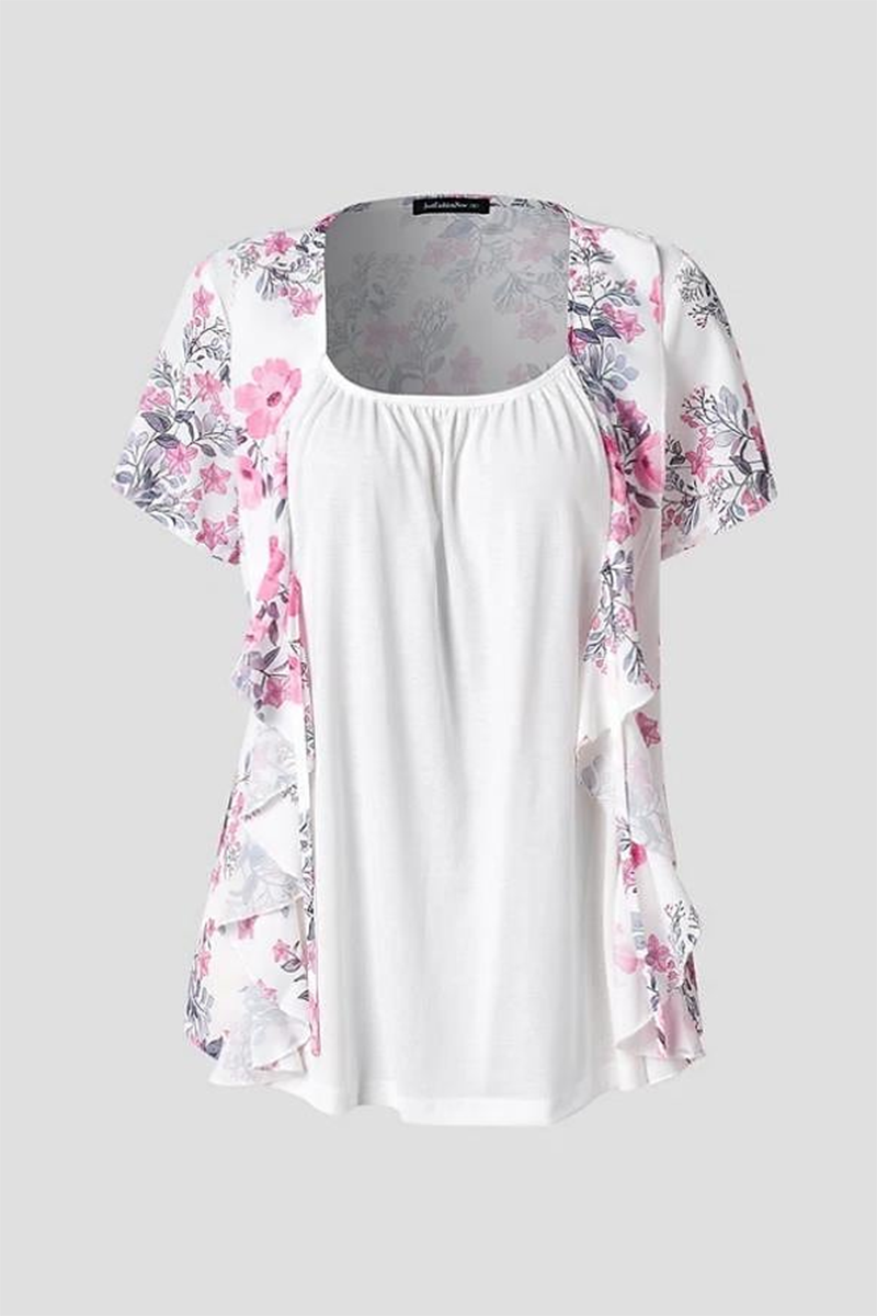Floral Pattern Ruched Ruffle Trim 2-In-1 Blouse