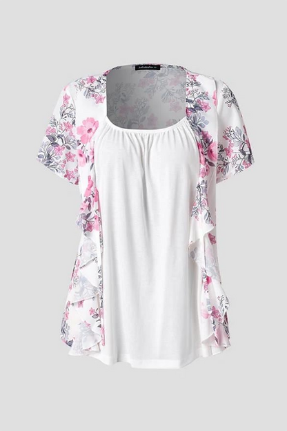 Floral Pattern Ruched Ruffle Trim 2-In-1 Blouse