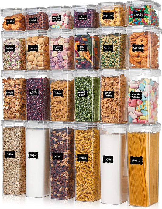 Boîtes de conservation hermétiques avec couvercles, 24 contenants en plastique pour l'organisation de la cuisine et du garde-manger pour céréales, aliments secs, farine et sucre, sans BPA, comprend 24 étiquettes