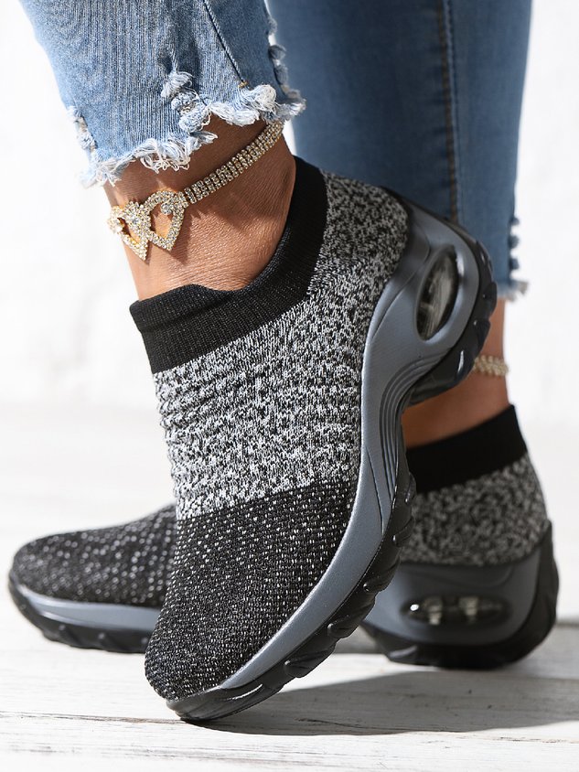 Sports Color Block Breathable Slip On Block Heel Fly Woven Shoes